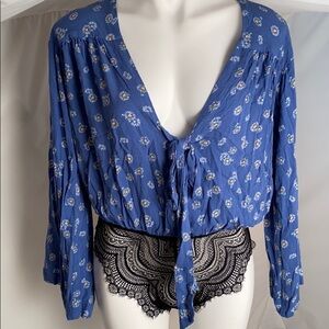 Free People Forties Feel blue multicolor floral bodysuit S